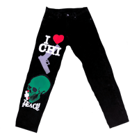 a pair of jeans with the words i love cgi party on them